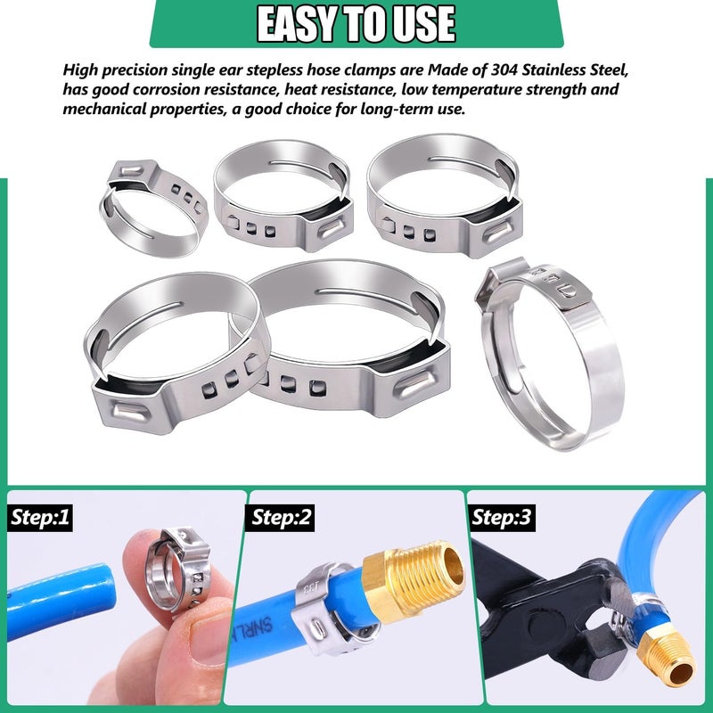 Twidec /48PCS 3/8",1/2",3/4",5/8",1" PEX Cinch Clamps Kit 5 size,Stainless Steel Pex Crimp Rings,Single Ear Hose Clamps For Pex Pipe Fitting Connections N-058-48PCS - Image 3